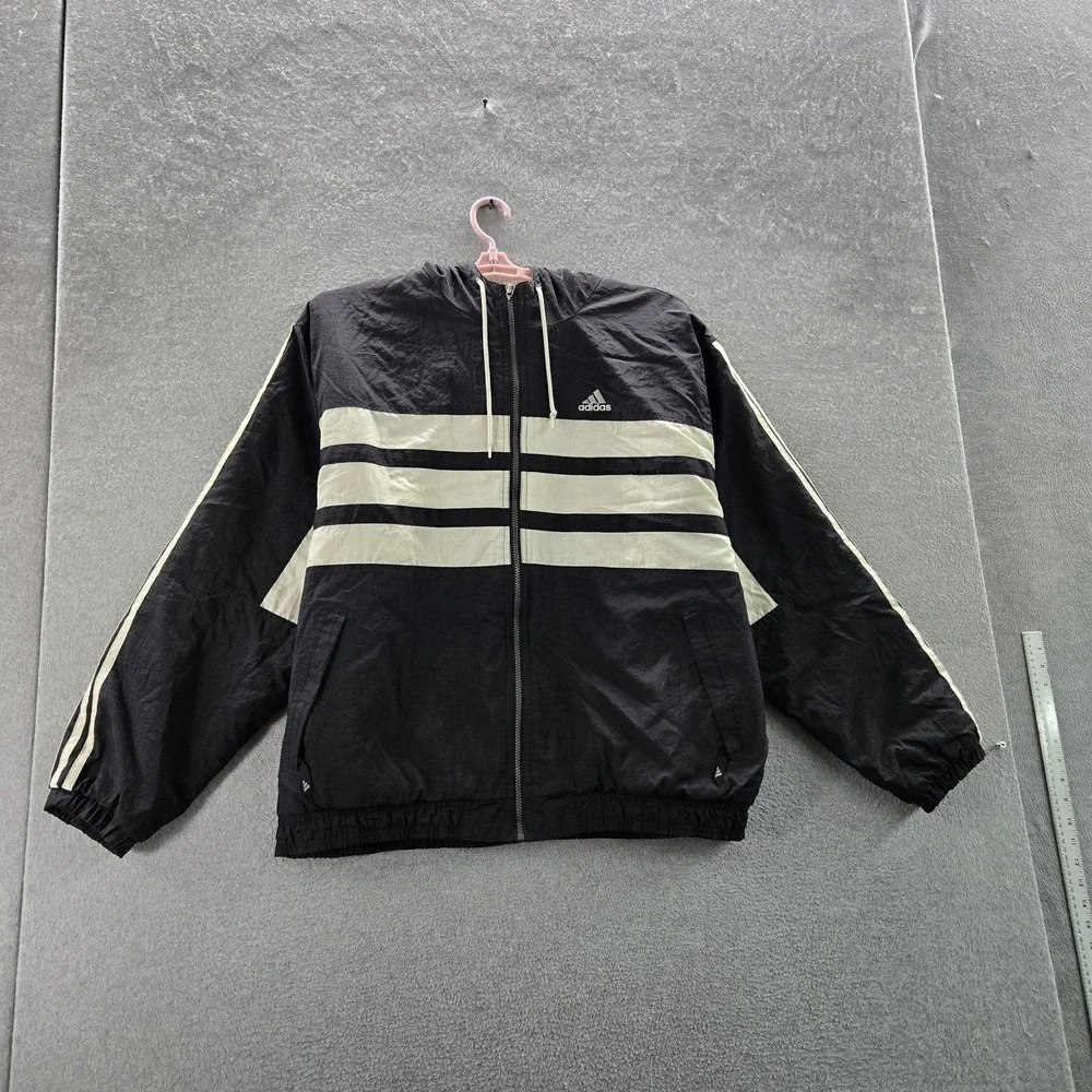 VINTAGE Adidas Men Jacket XL Black 90s Nylon Striped Activewear Zipper READ